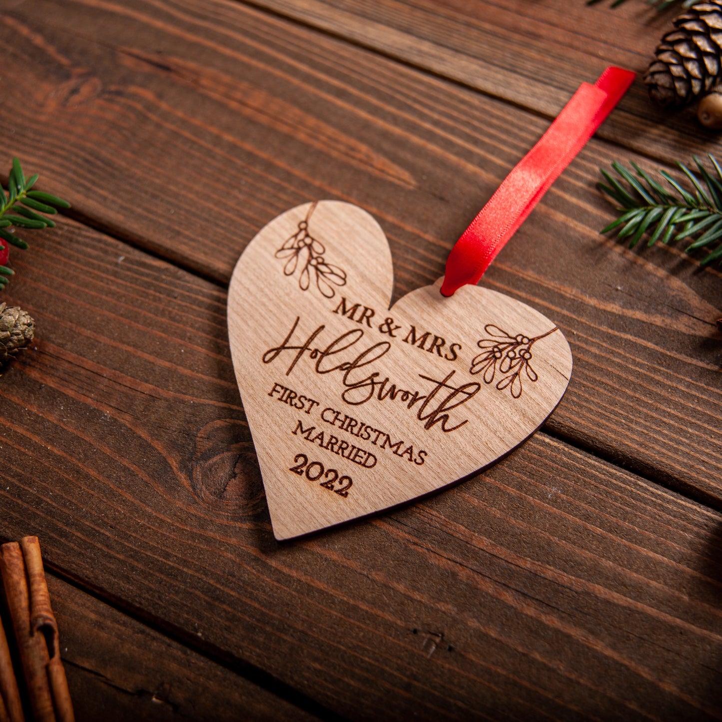 Personalised first Christmas married heart ornament with red satin ribbon