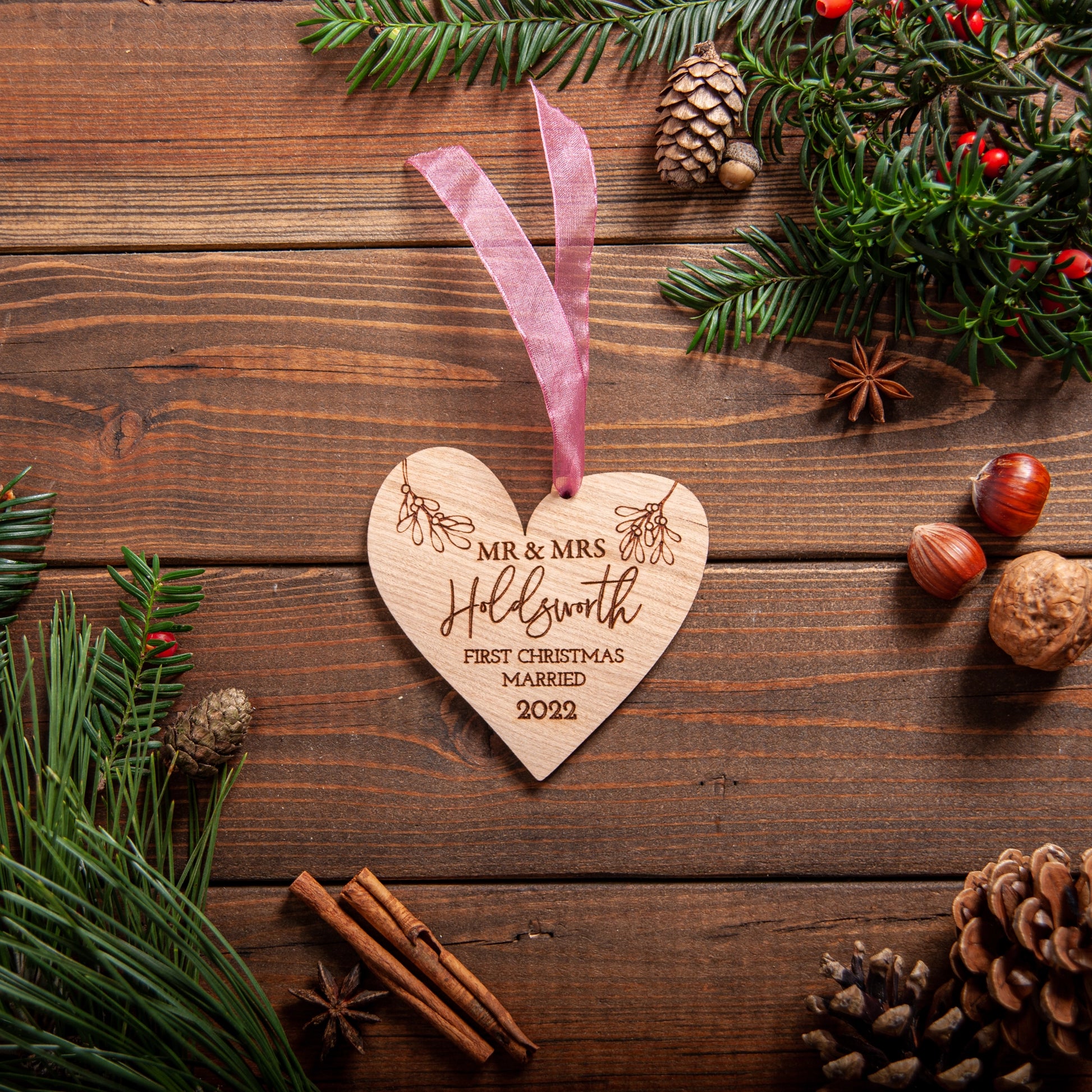 Engraved wooden heart ornament for newlywed couple with ribbon options