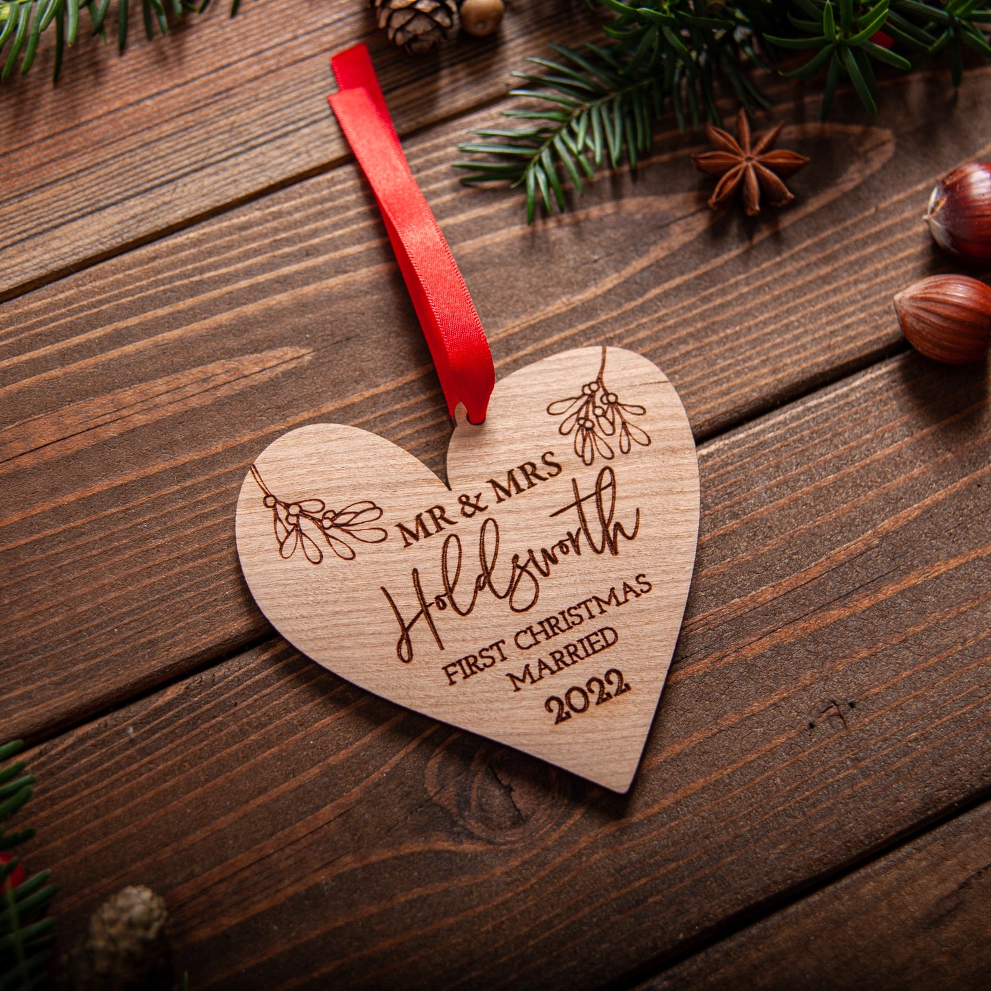 Custom acrylic heart Christmas ornament with white organza ribbon