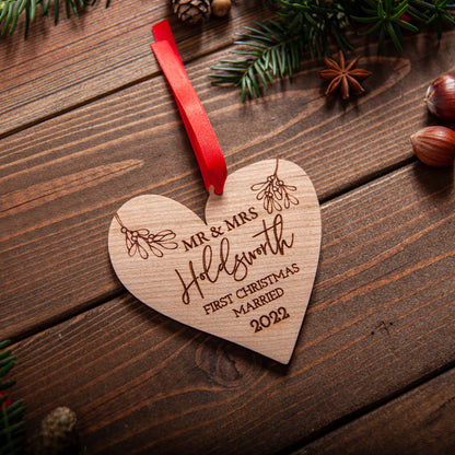 Custom acrylic heart Christmas ornament with white organza ribbon