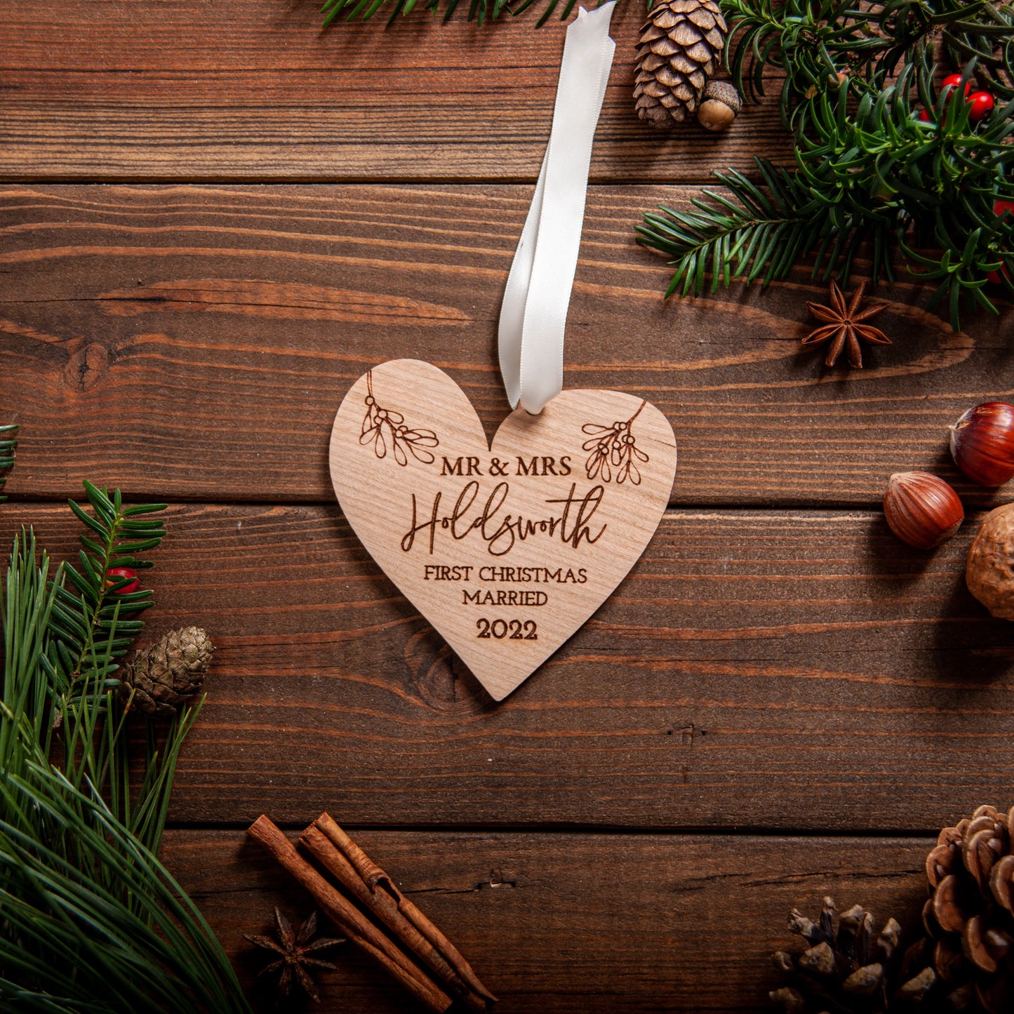 Laser engraved heart ornament for newlyweds first Christmas tree décor