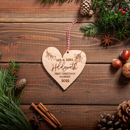 Rustic engraved ornament for first Christmas as newlyweds with twine ribbon