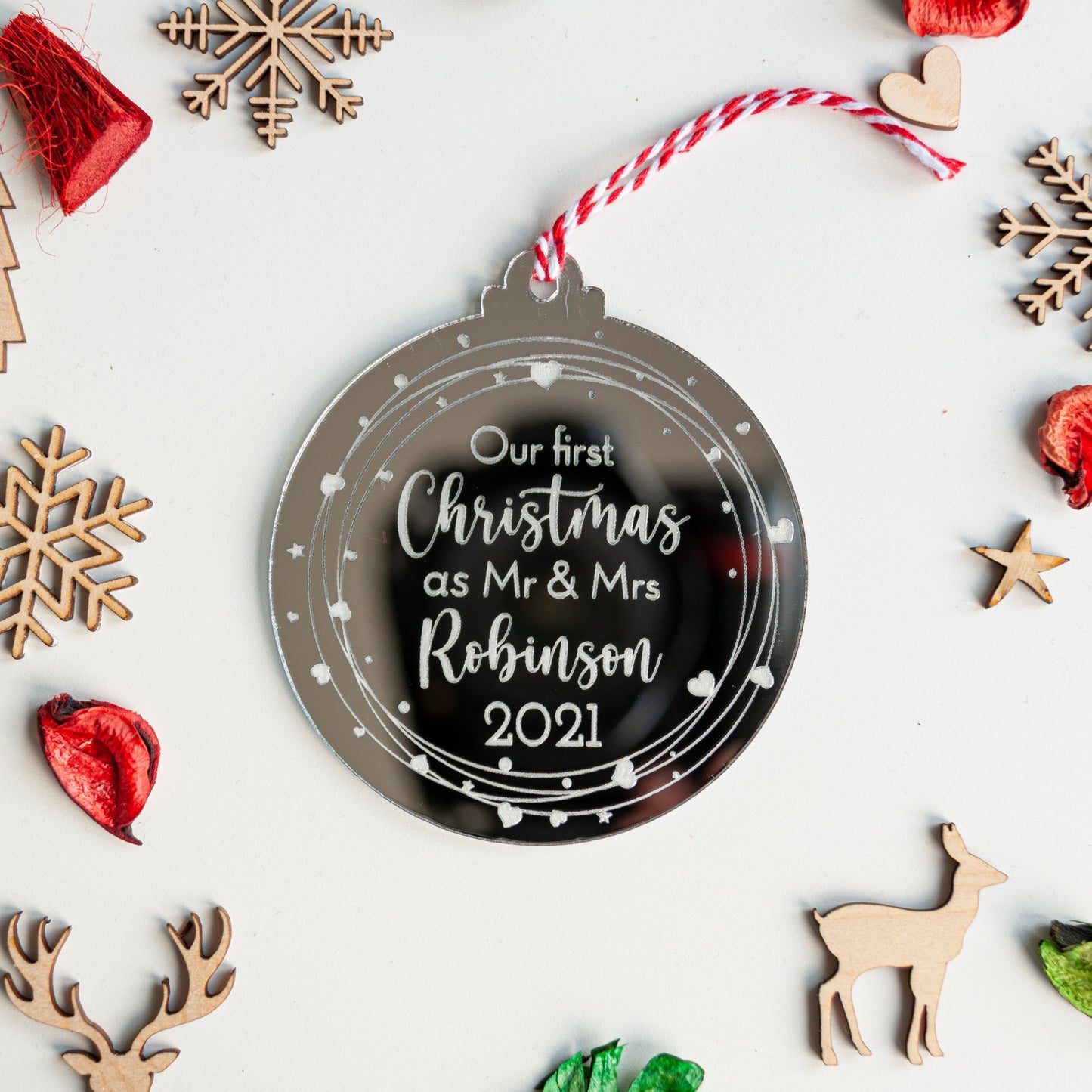 Engraved silver mirror heart ornament for newlywed couple gift