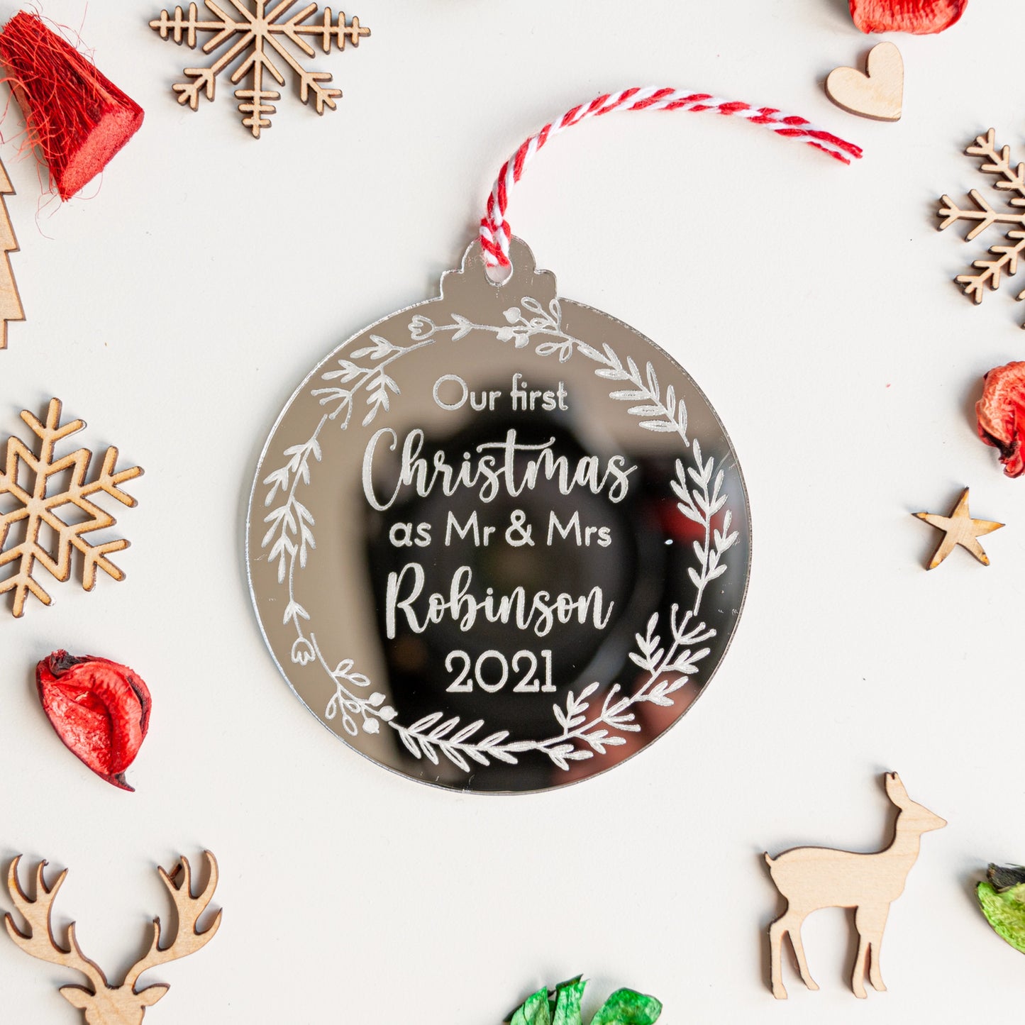 Personalised first Christmas married ornament in silver mirror acrylic
