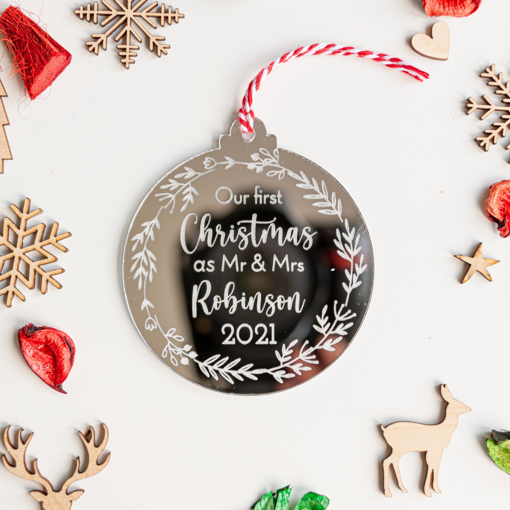 Personalised first Christmas married ornament in silver mirror acrylic