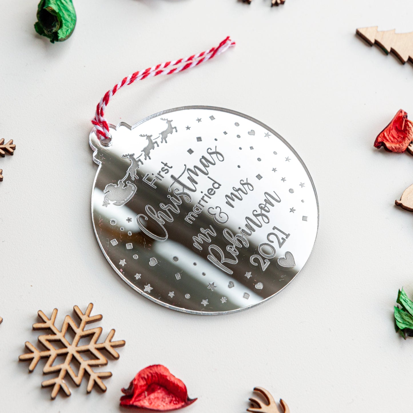 Personalised silver mirror ornament gift for newly married couple