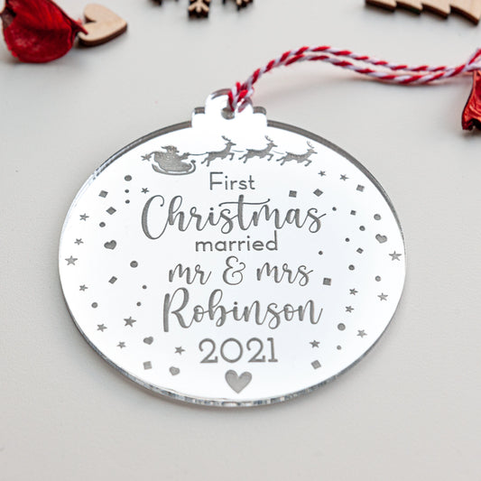 Personalised first Christmas married ornament engraved with names