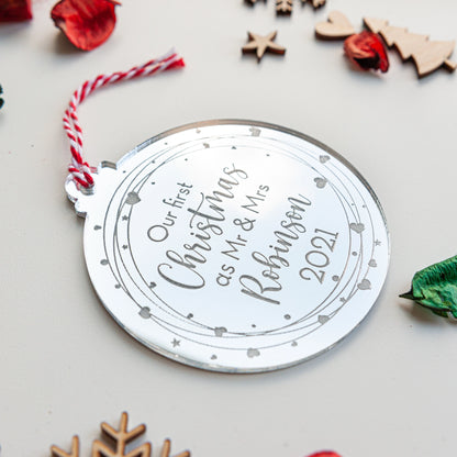 Laser engraved silver mirror bauble for couple’s first Christmas tree