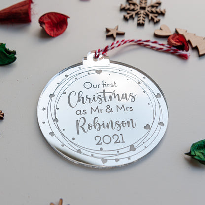 Personalised silver mirror Christmas decoration for newlyweds