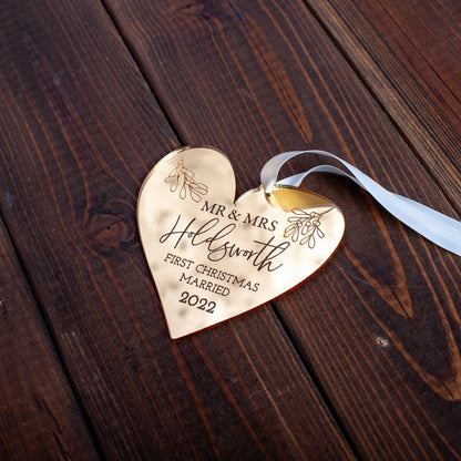 Personalised gold mirror acrylic heart ornament for newlywed couple gift