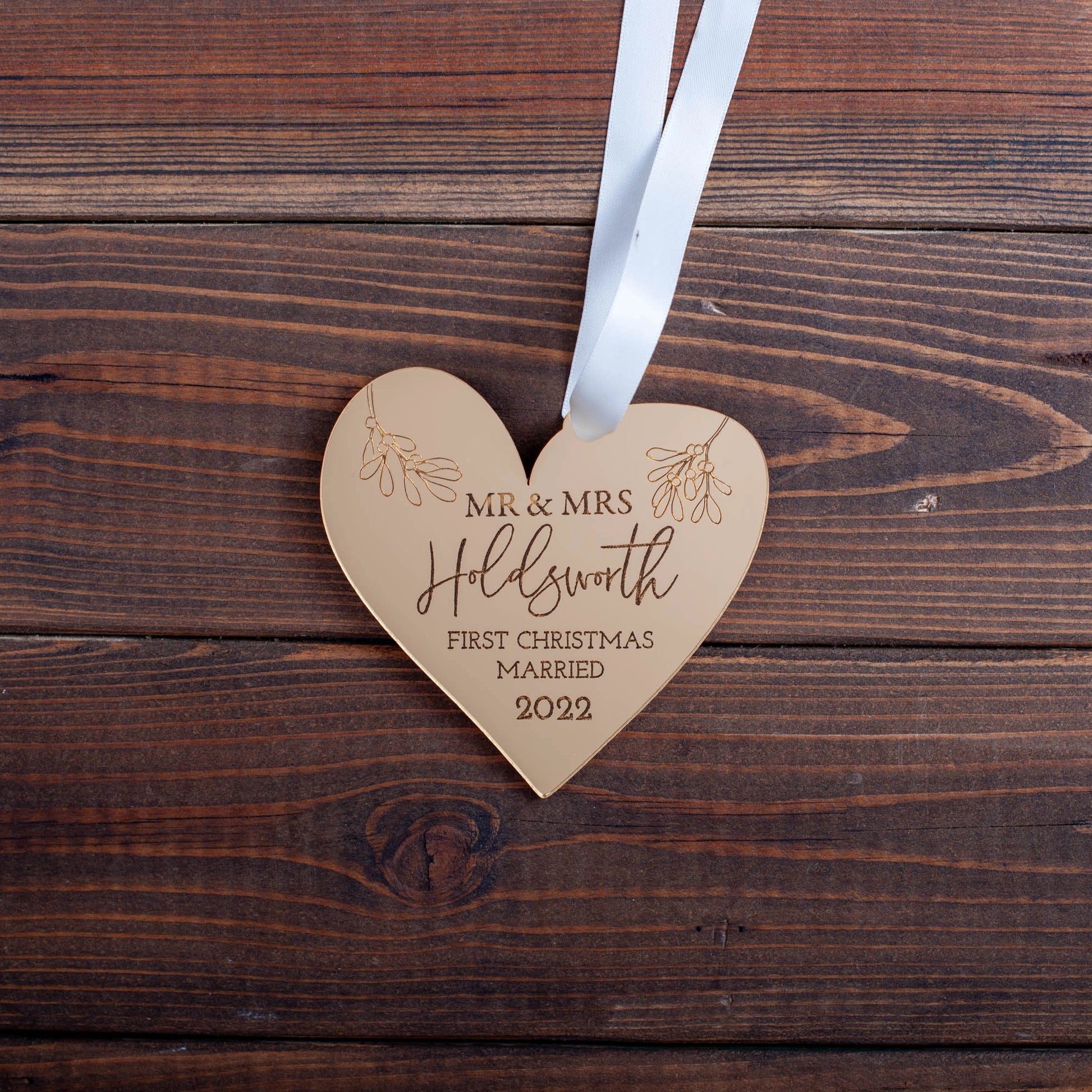 Personalised gold heart ornament gift for newlyweds first Christmas