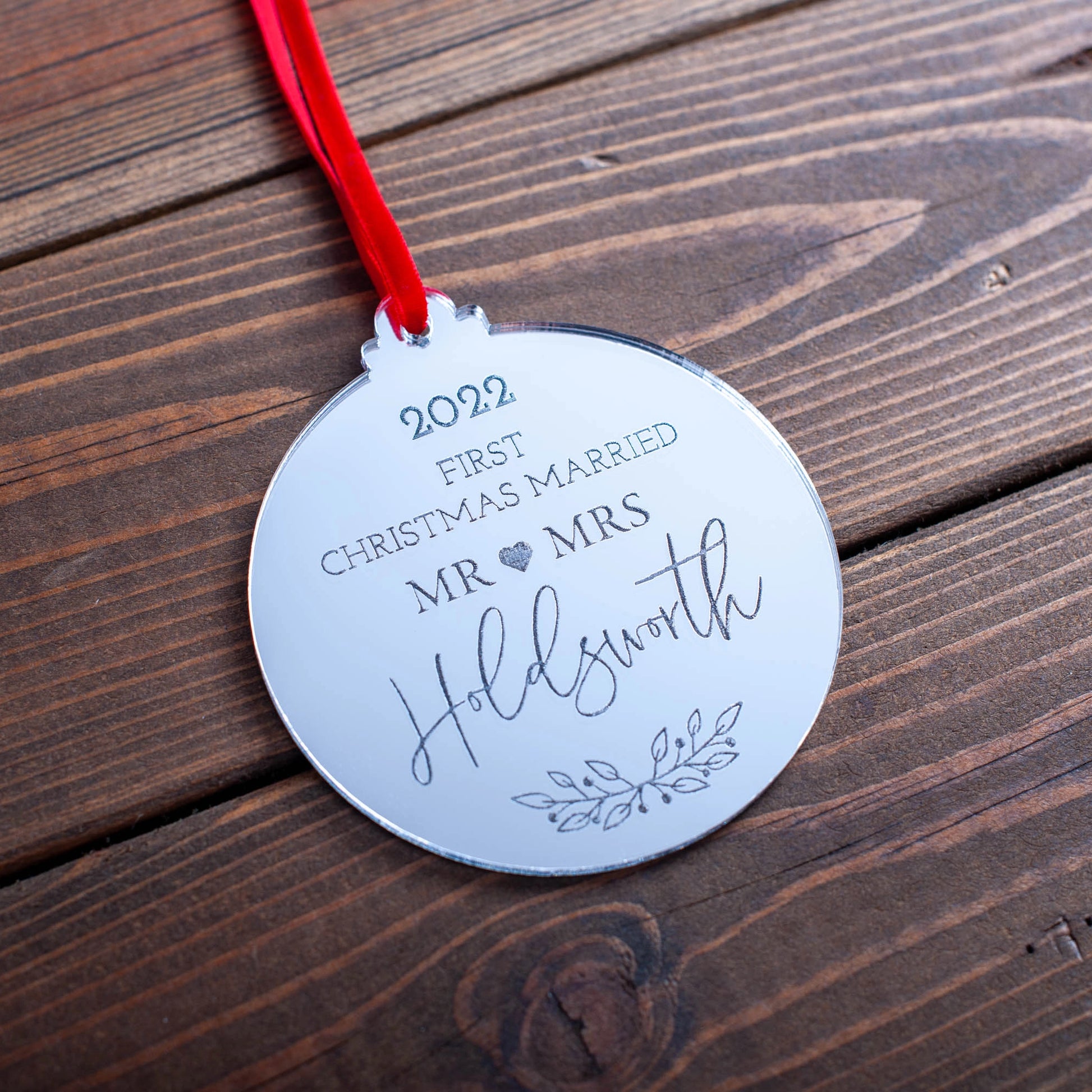 Silver mirror Christmas ornament for newlyweds engraved with year