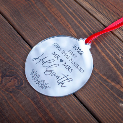 Personalised mirror acrylic bauble with couple’s names and hearts