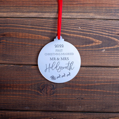 Engraved mirror ornament for newly married couple’s Christmas tree