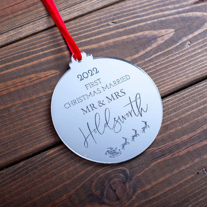 Personalised silver mirror ornament celebrating newlyweds’ first Christmas