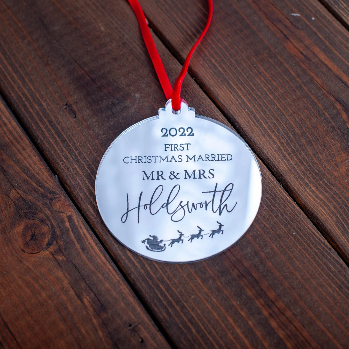 Engraved Christmas ornament for married couple with year and names