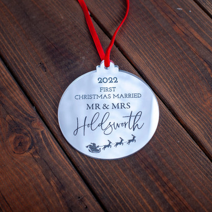 Engraved Christmas ornament for married couple with year and names