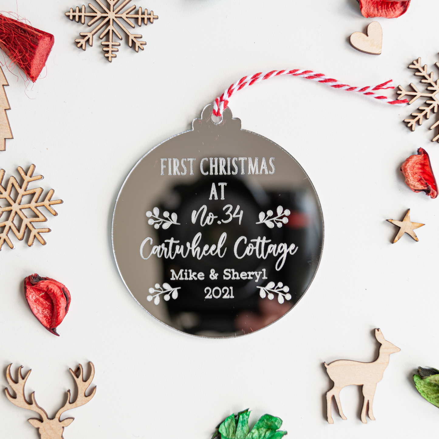 Mirror silver new home Christmas ornament personalised