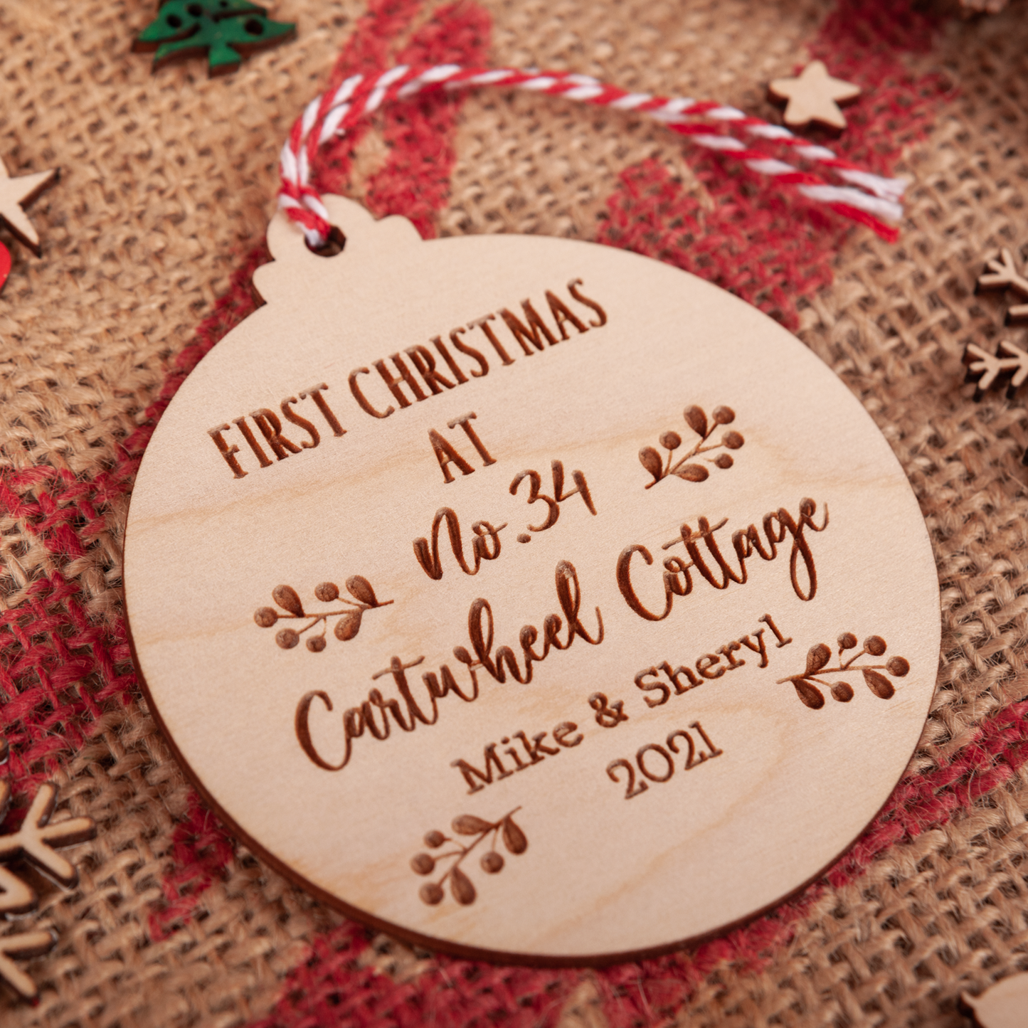 Personalised housewarming wooden bauble with address