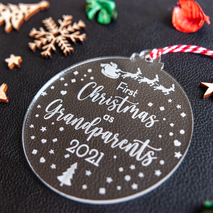 Engraved clear acrylic bauble for first Christmas as new grandparents