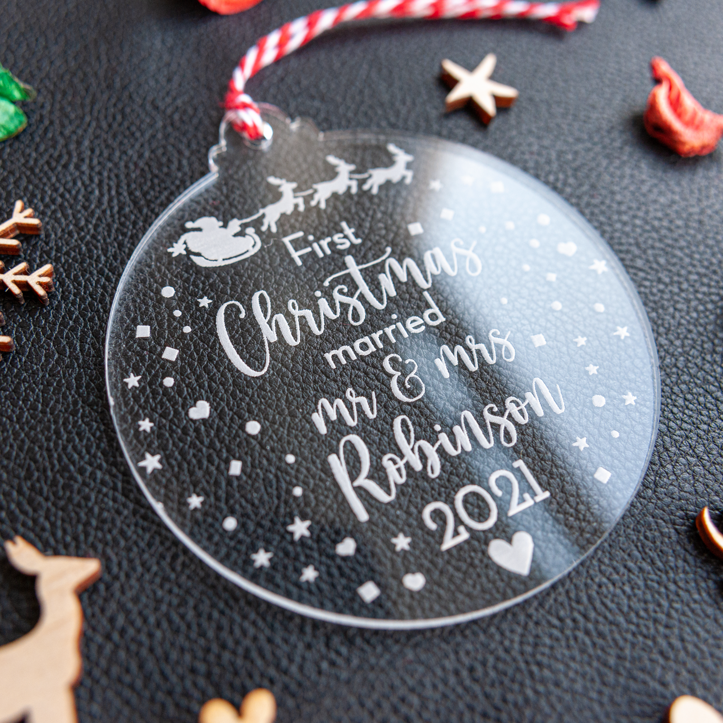 Laser engraved Mr & Mrs Christmas ornament for festive décor
