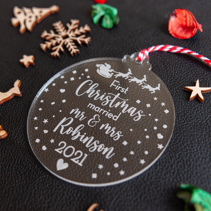 Laser engraved Mr & Mrs ornament personalised with name and year