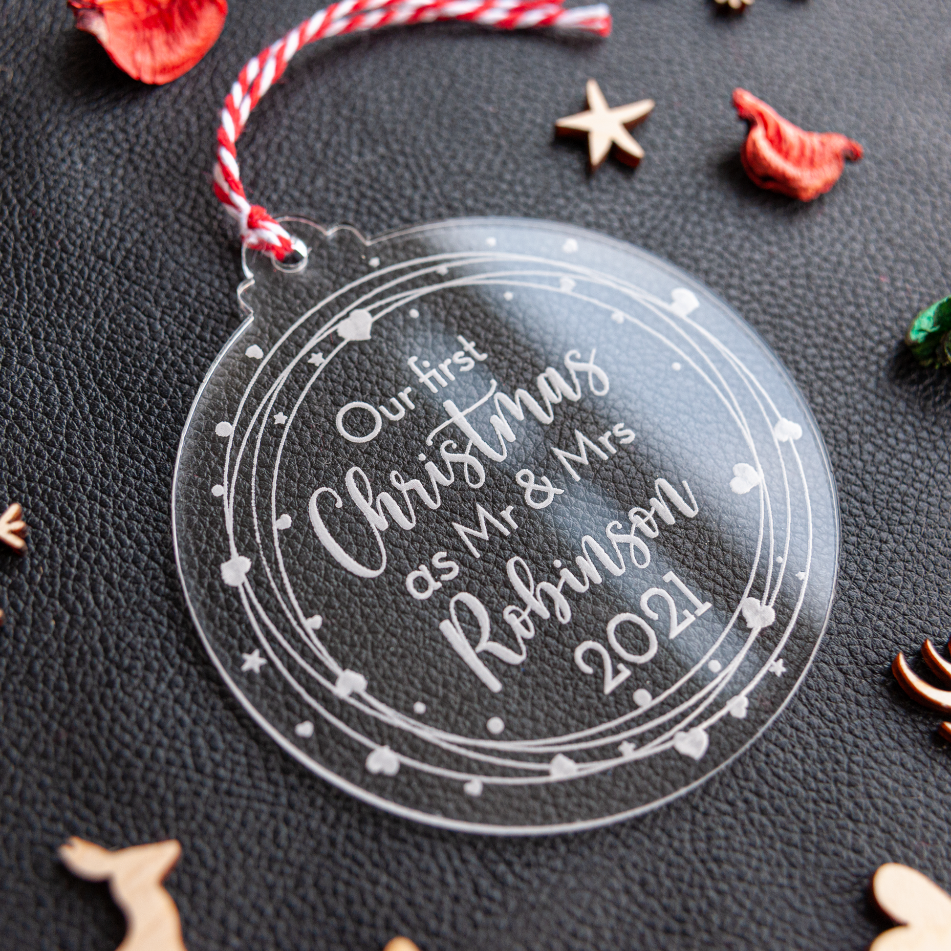 Engraved Mr and Mrs wooden ornament for couple’s Christmas tree