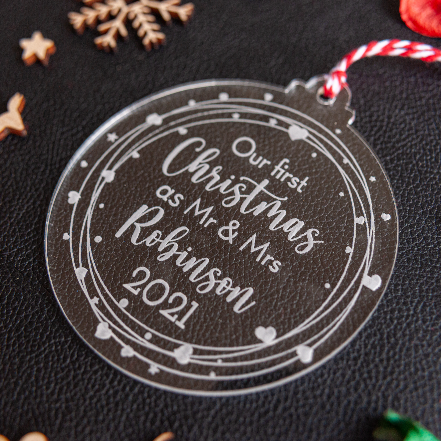 Custom engraved acrylic Mr & Mrs bauble for newlyweds