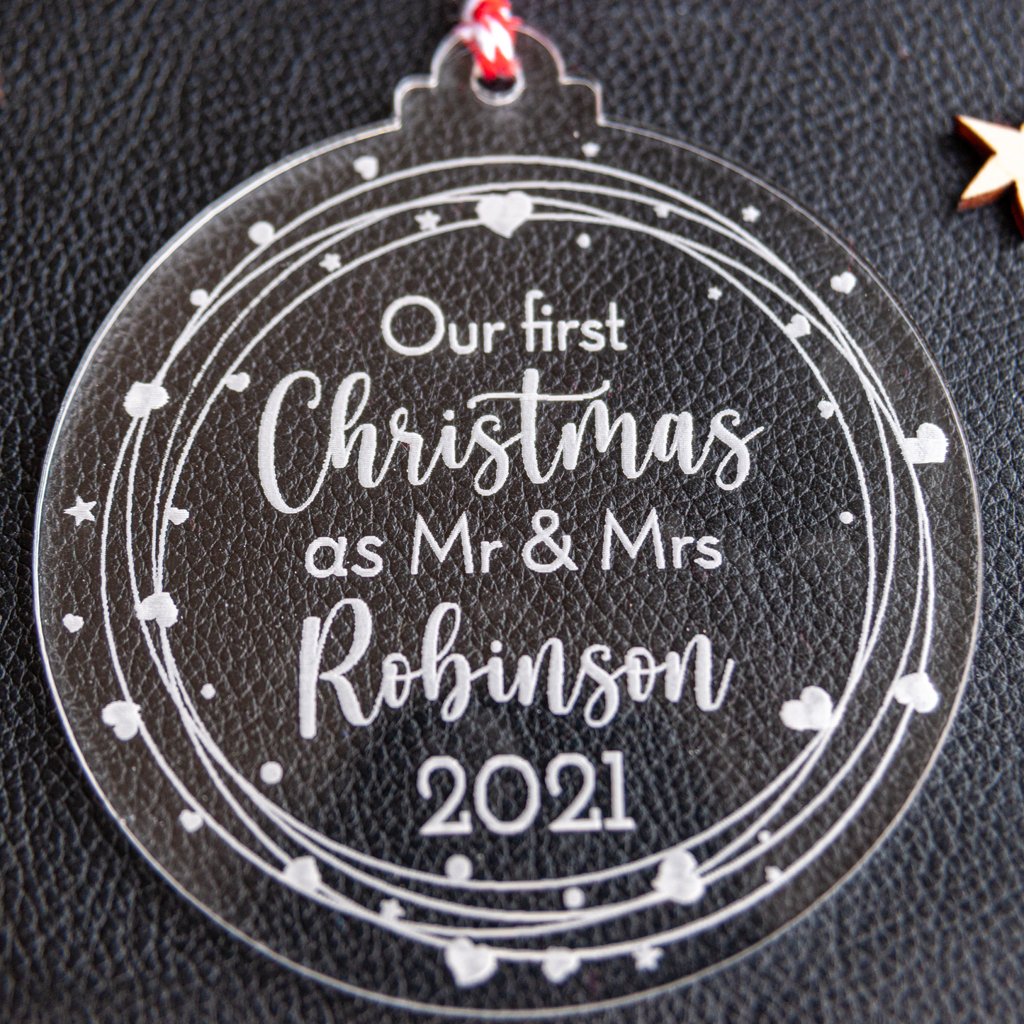 Custom acrylic bauble for couple’s first Christmas as Mr and Mrs