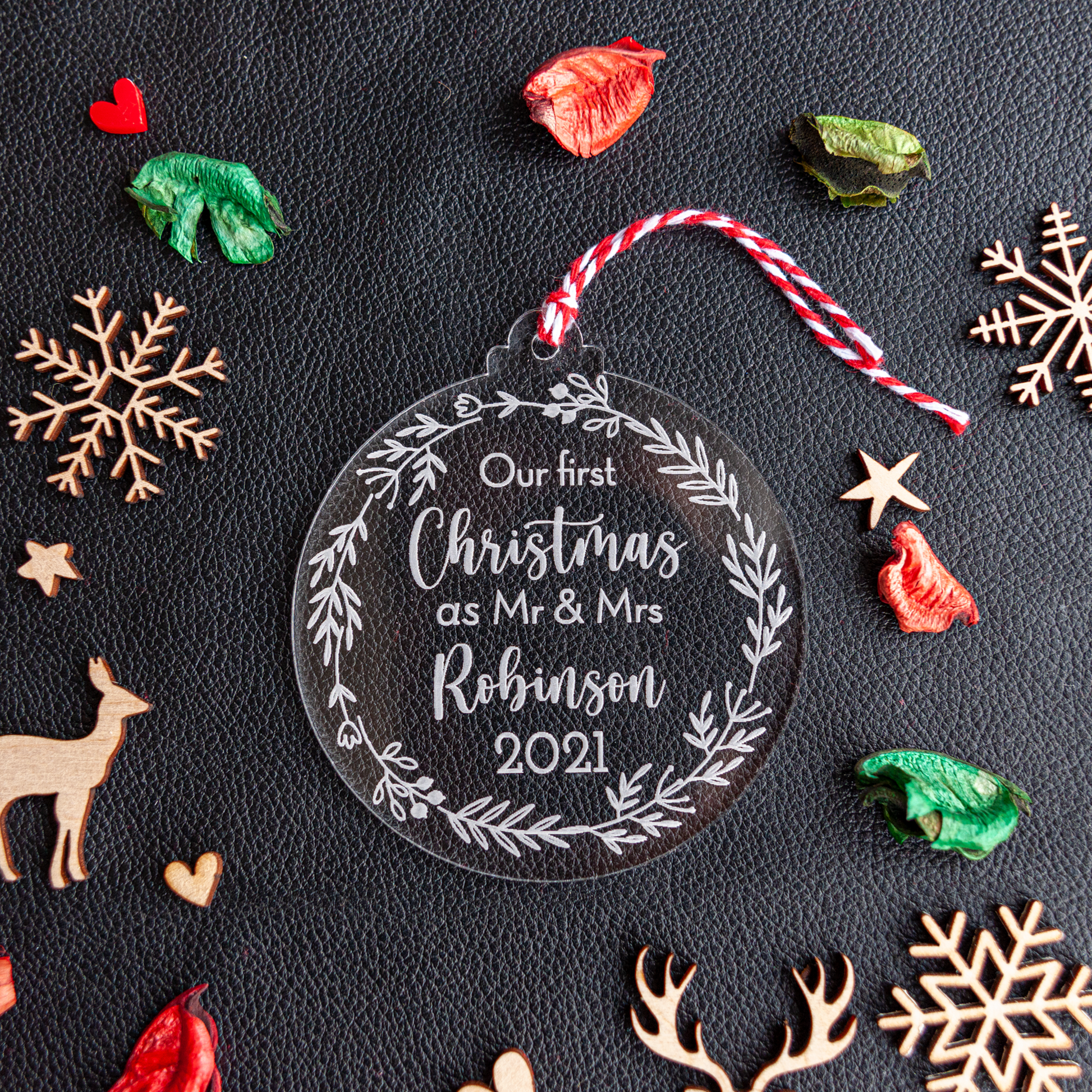 Personalised first Christmas as Mr & Mrs decoration with ribbon