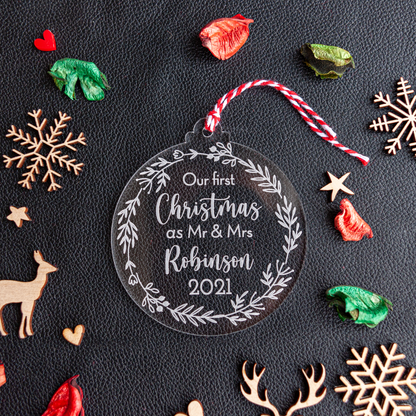 Personalised first Christmas as Mr & Mrs decoration with ribbon