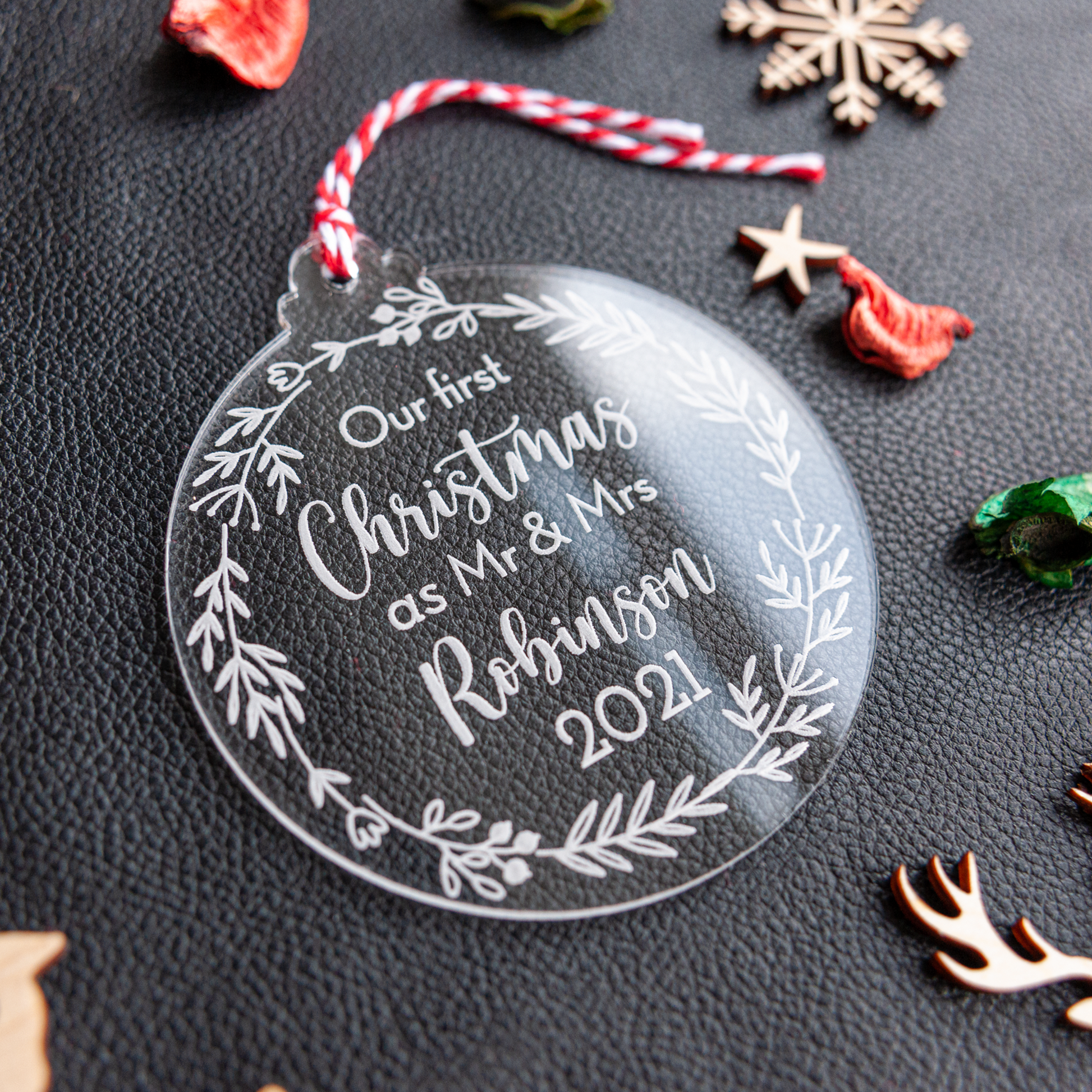 Elegant Mr & Mrs Christmas tree ornament for newly married couple