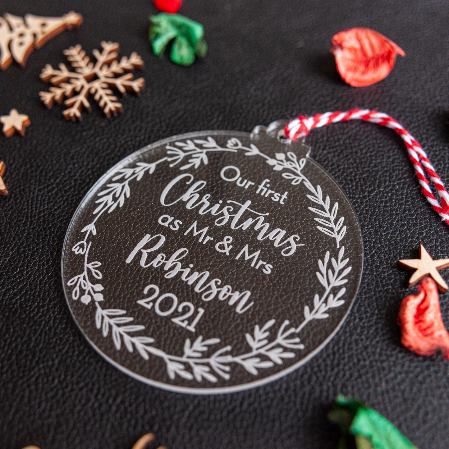 Custom acrylic Mr & Mrs bauble personalised with surname and year