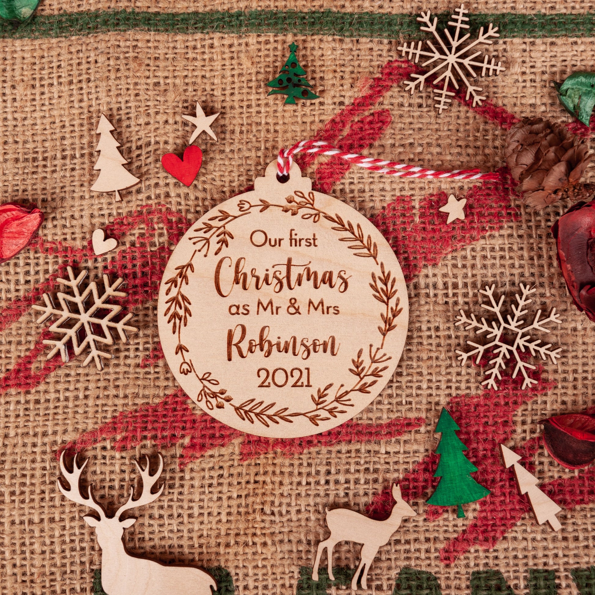 Mr and Mrs first Christmas married personalised engraved ornament