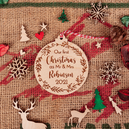 Mr and Mrs first Christmas married personalised engraved ornament