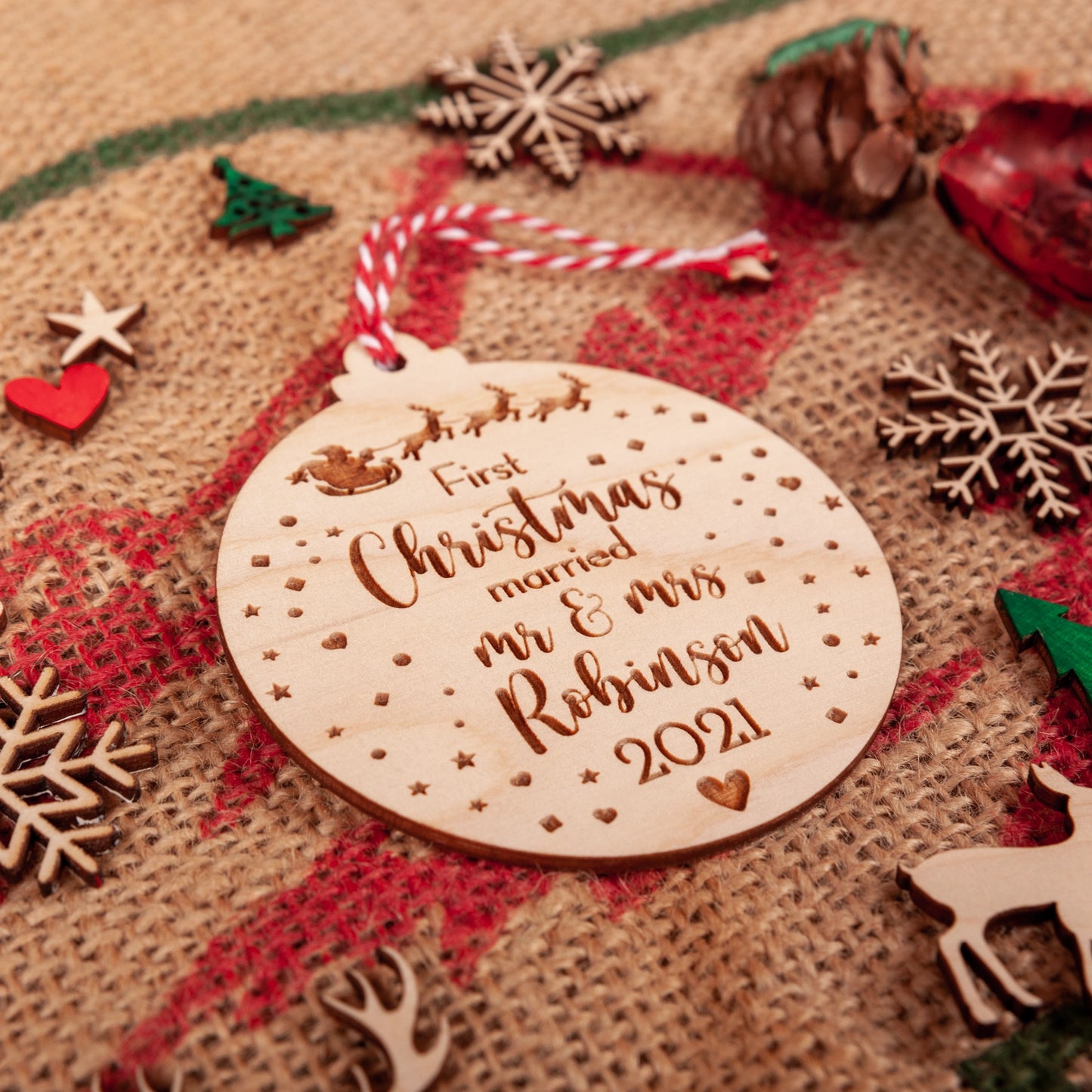 Engraved wooden Mr & Mrs ornament for first Christmas married