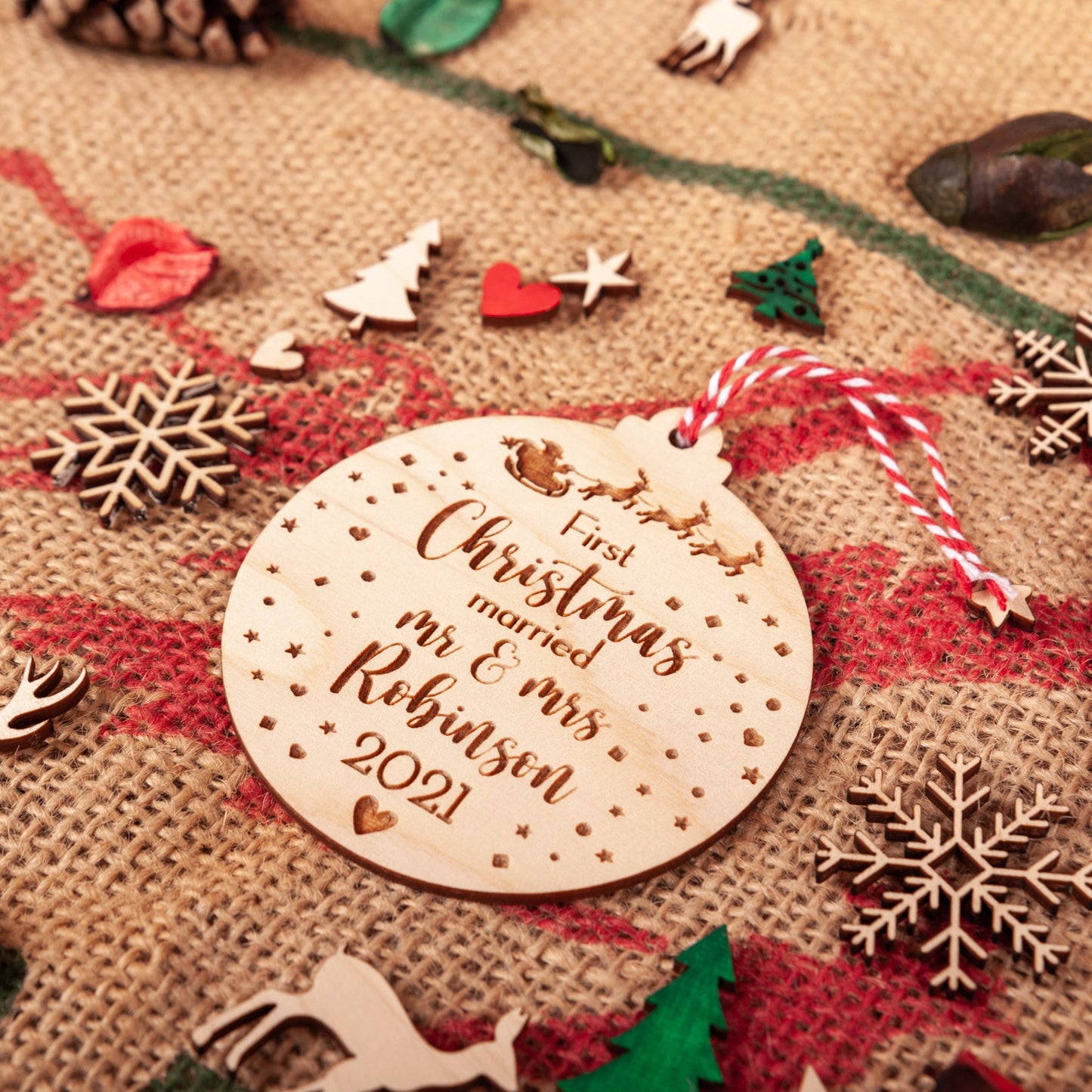 Custom wooden bauble for newlyweds first Christmas together