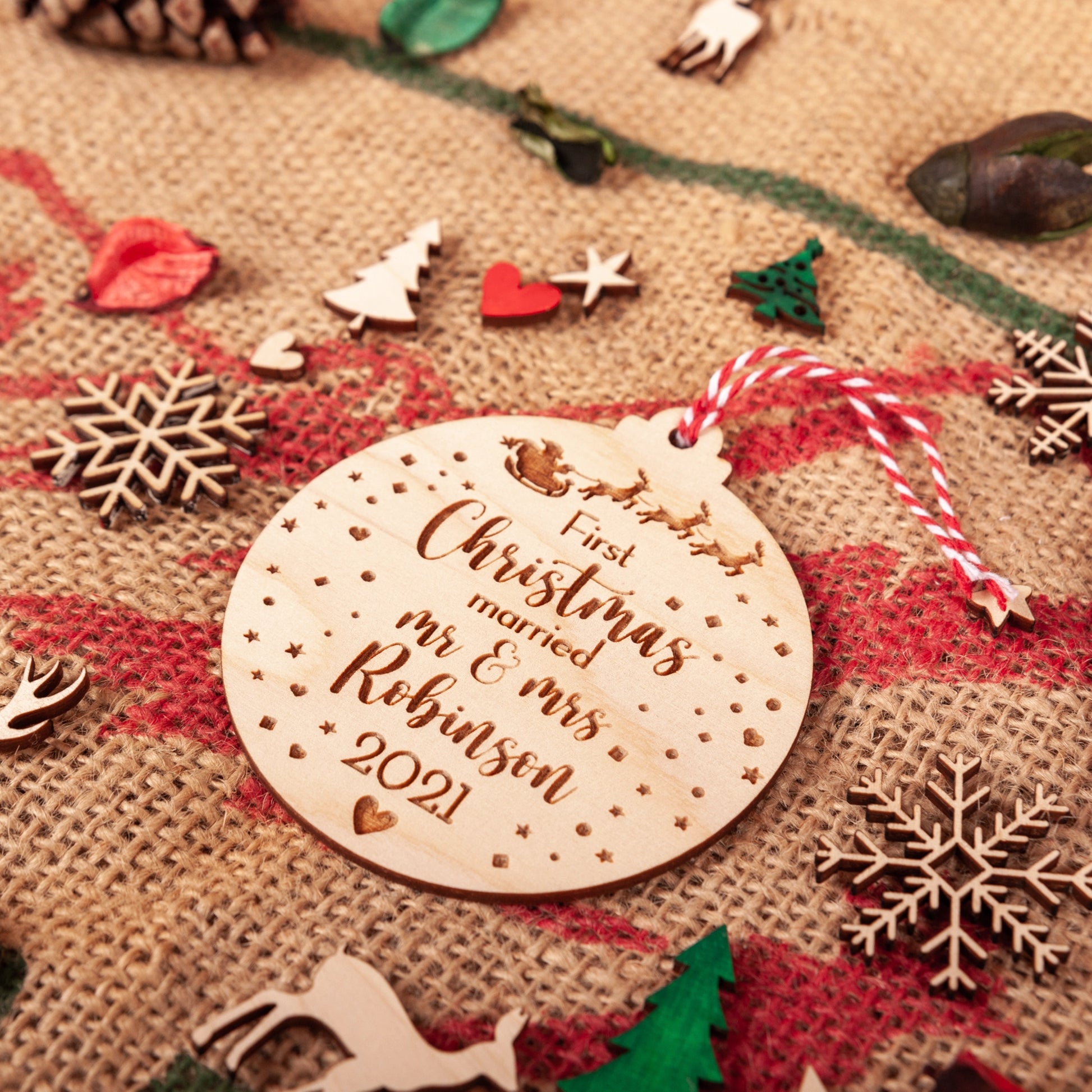Custom wooden bauble for newlyweds first Christmas together