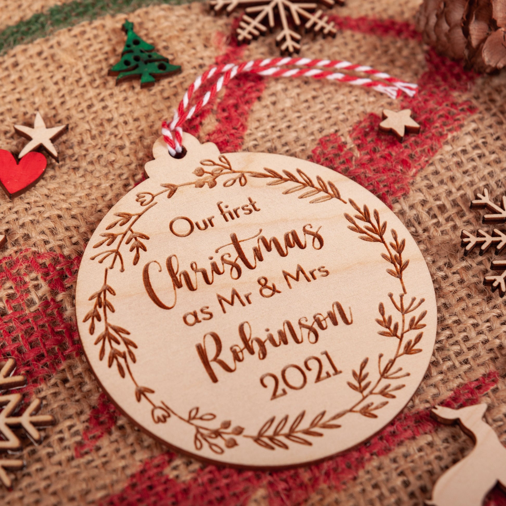 Personalised wooden ornament for married couple Christmas tree décor