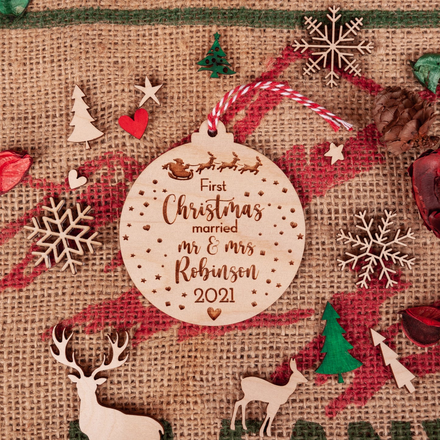 Personalised wood bauble for newlyweds festive home décor