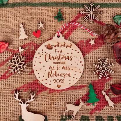 Personalised wood bauble for newlyweds festive home décor