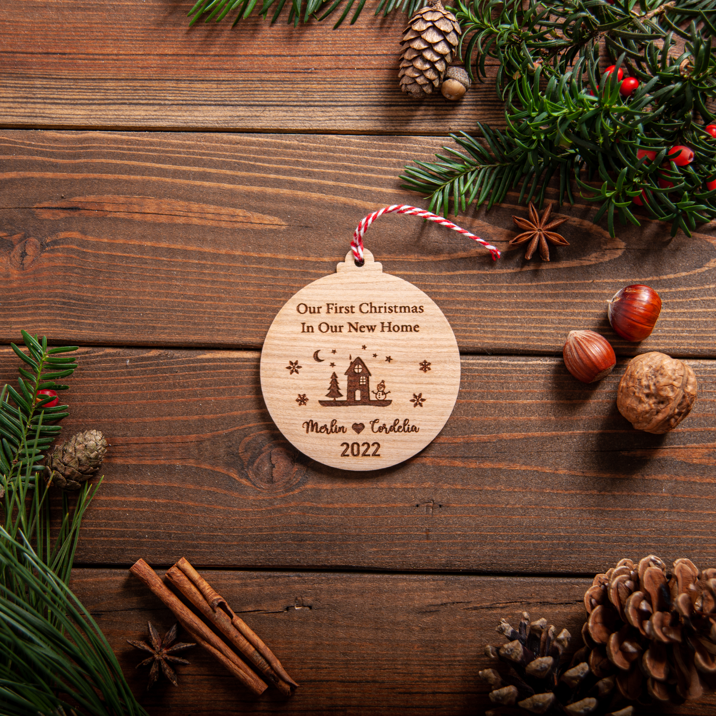 Mirrored acrylic first home Christmas decoration with engraved details