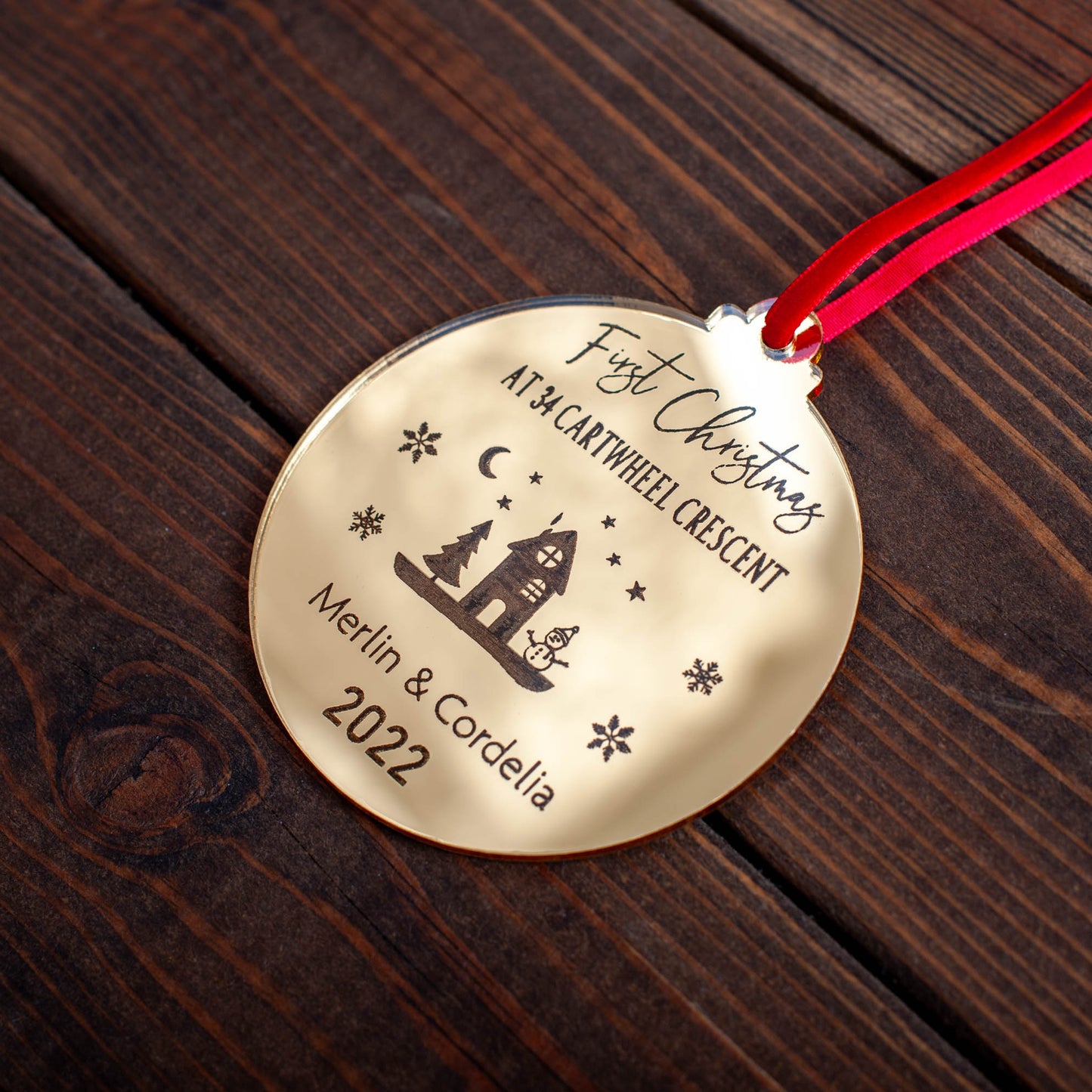 Personalised engraved bauble gift for couple’s first Christmas at new home