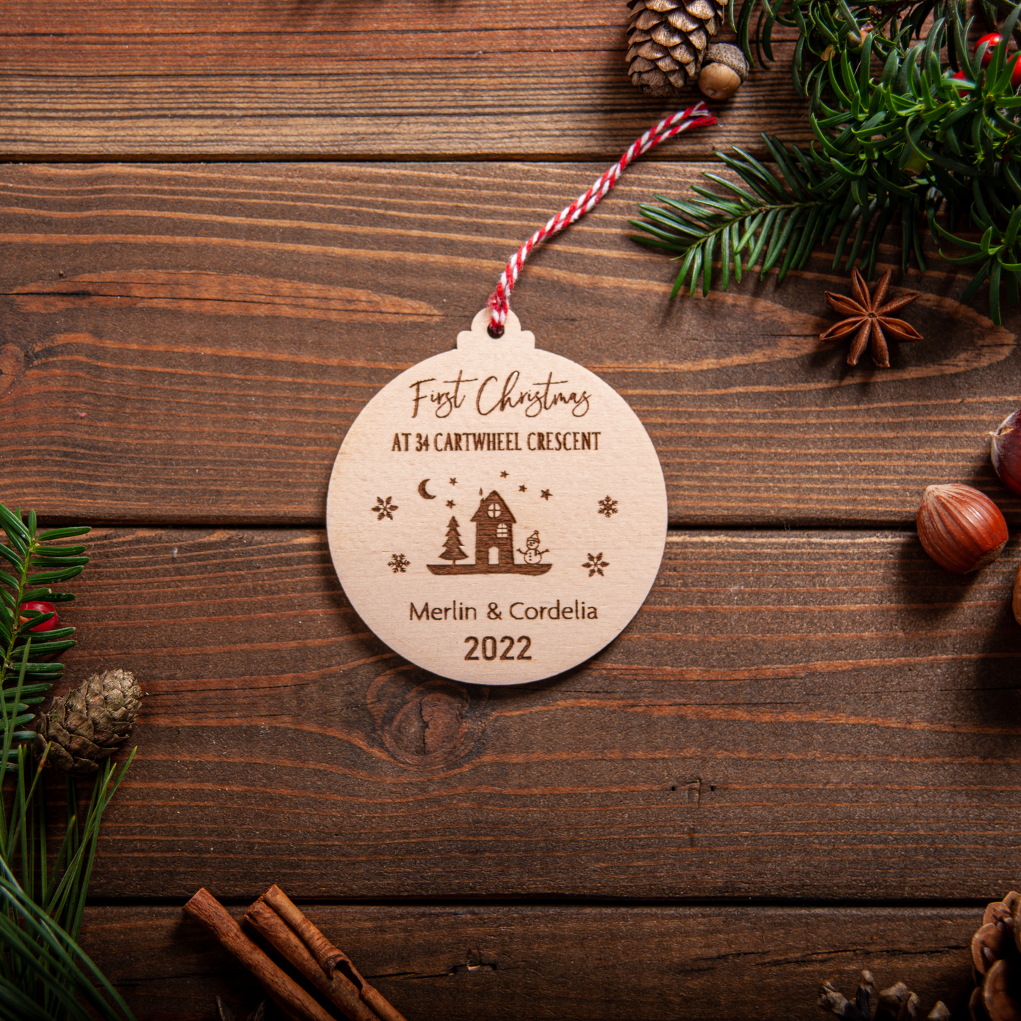 Engraved acrylic new home bauble keepsake for Christmas décor