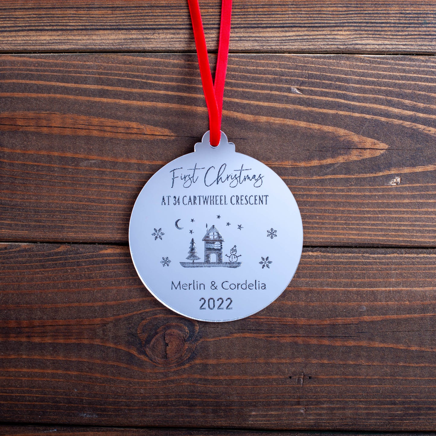 Silver mirror engraved bauble for first Christmas in new home keepsake