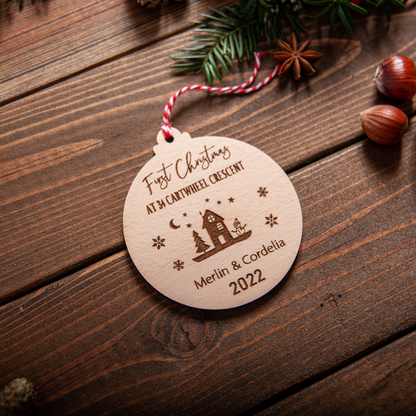 Custom first home ornament with family name and year engraving