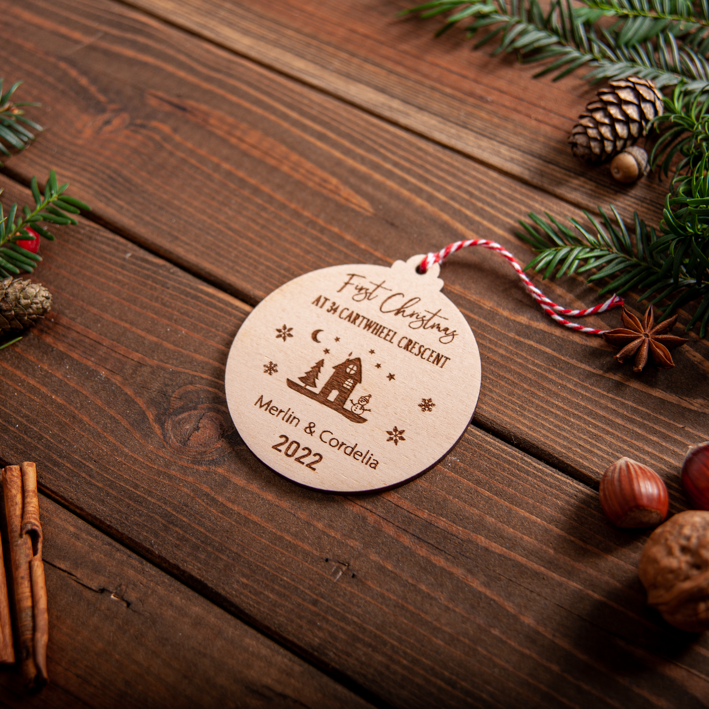 Laser cut wooden new home Christmas bauble personalised decoration