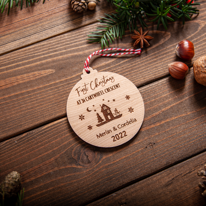 Engraved first home Christmas bauble personalised for new homeowners