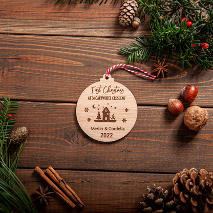 Personalised new home Christmas bauble engraved with address and year