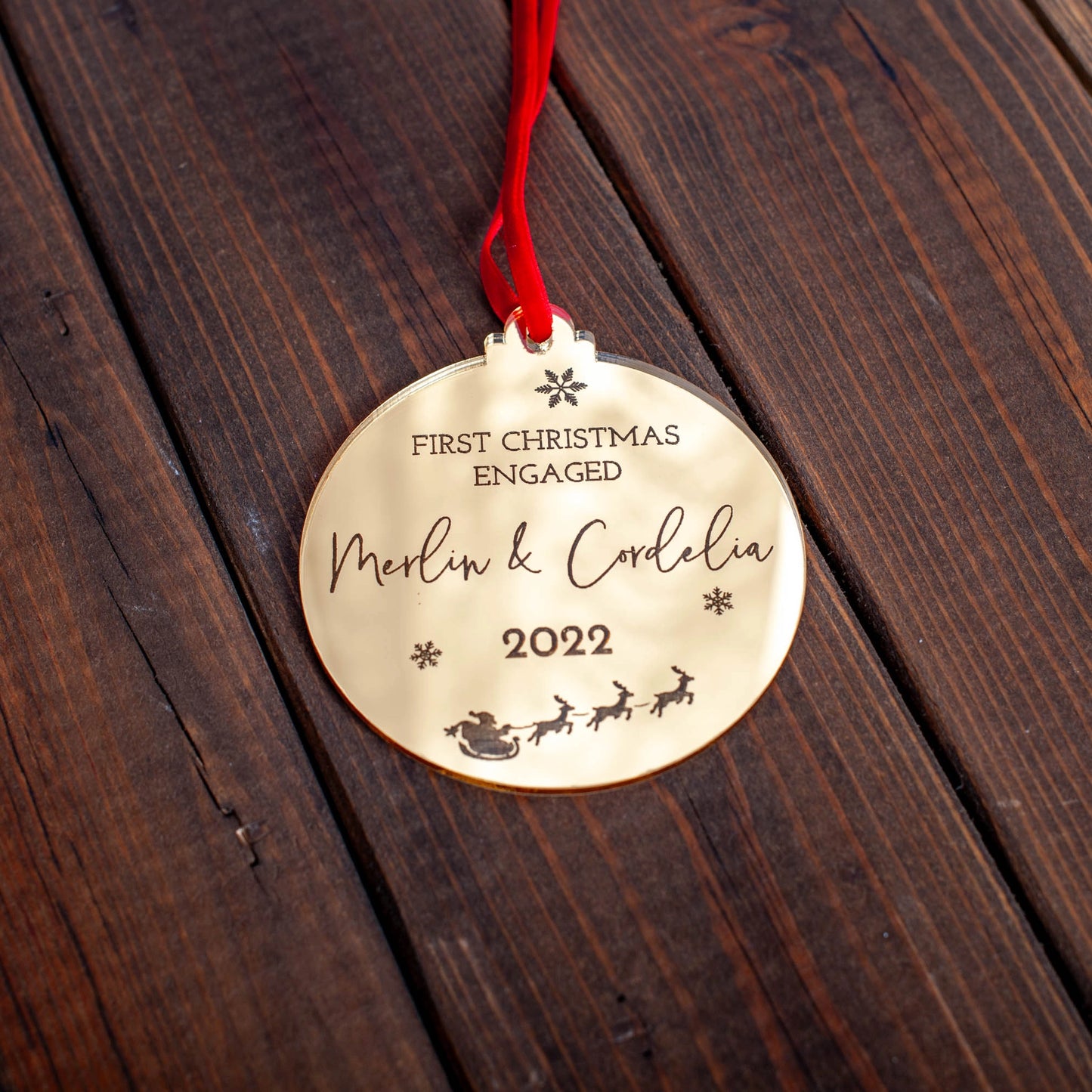 Gold mirror acrylic keepsake ornament for newly engaged couple